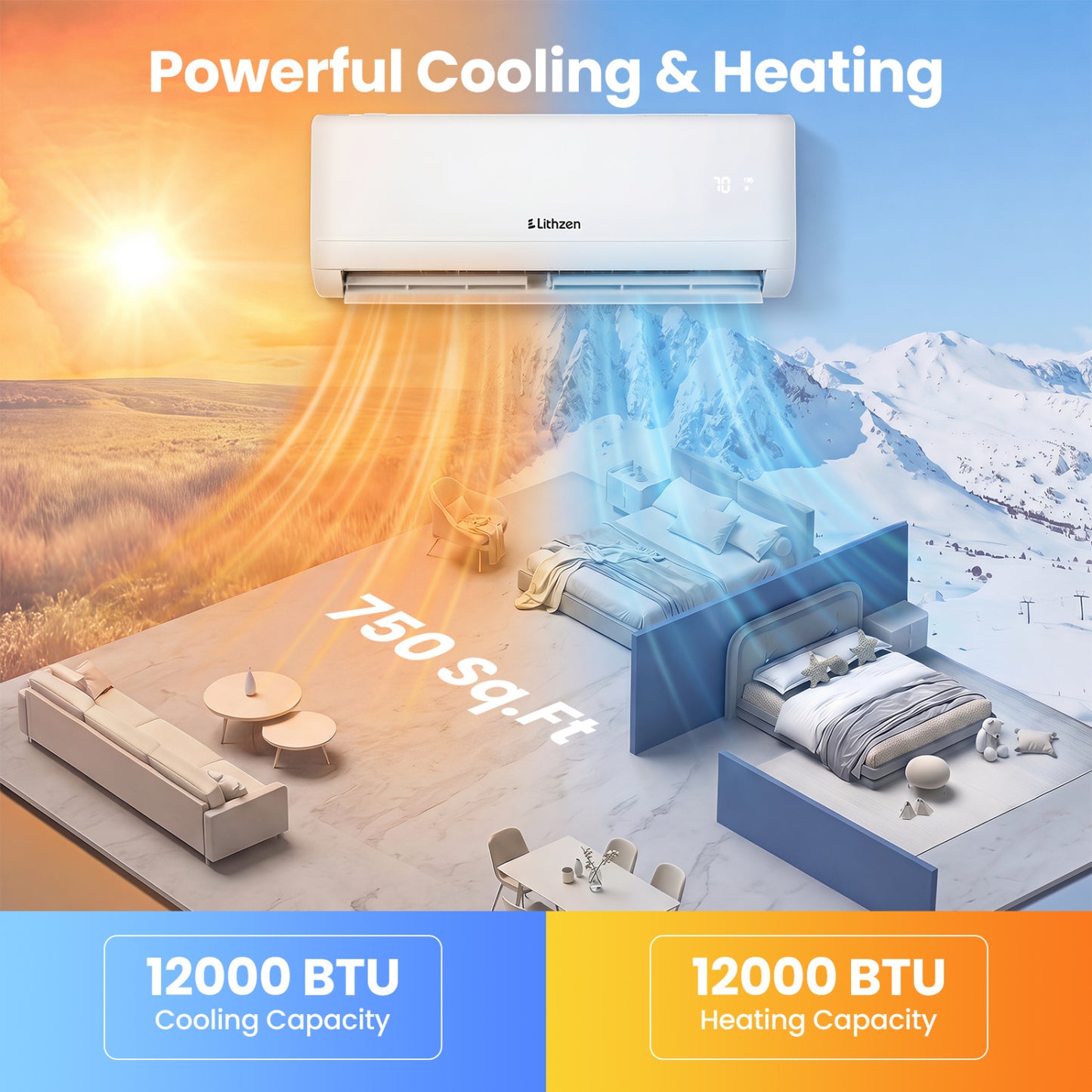 Lithzen 12000 BTU 208-230V 17 SEER2 Mini Split Air Conditioner and Heater WiFi Enabled