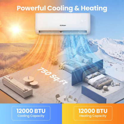 Lithzen 12000 BTU 208-230V 17 SEER2 Mini Split Air Conditioner and Heater WiFi Enabled