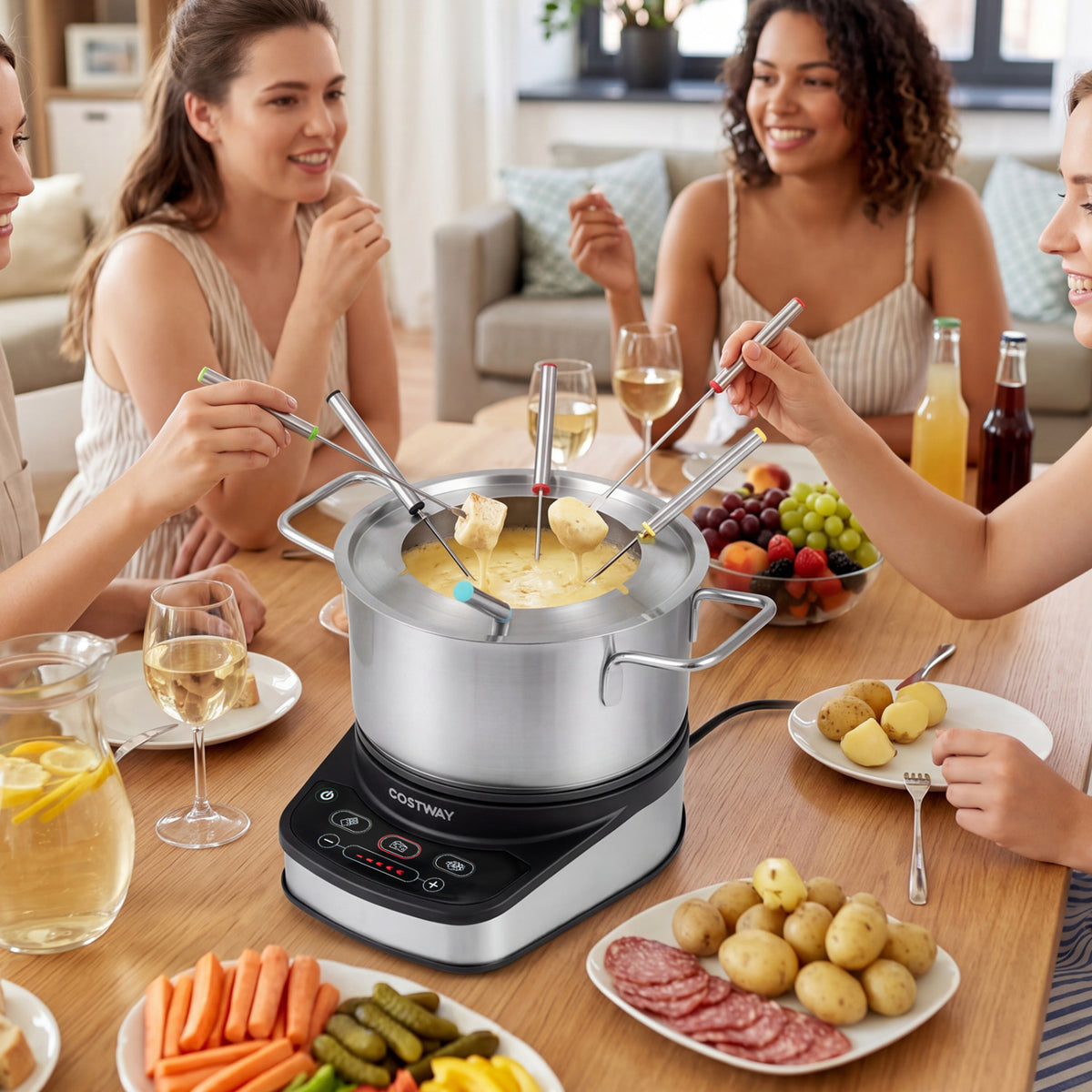 Electric fondue pot set with 1200W power, 3L removable pot, and 6 color-coded forks for cheese or chocolate fondue.