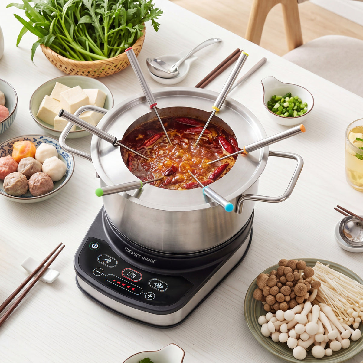 Electric fondue pot set with 1200W power, 3L removable pot, and 6 color-coded forks for easy dipping and serving.