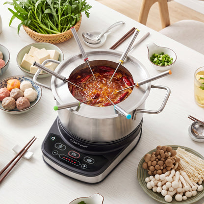 Electric fondue pot set with 1200W power, 3L removable pot, and 6 color-coded forks for easy dipping and serving.