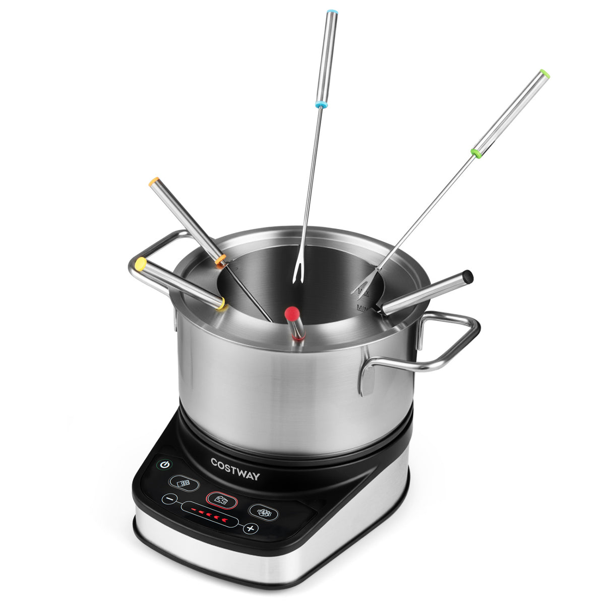 Electric fondue pot set with 1200W power, 3L removable pot, and 6 color-coded forks for cheese or chocolate fondue.
