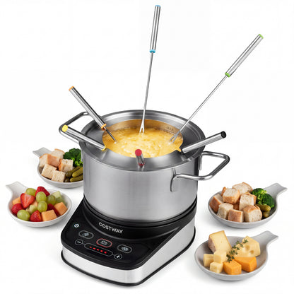 Electric fondue pot set by Wilsons Home Store with 1200W power, 3L removable pot, and 6 color-coded forks for dipping.