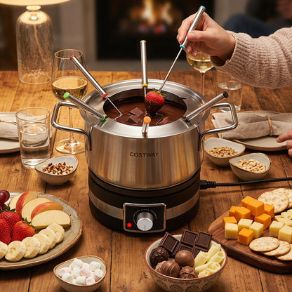 Electric fondue pot set by Wilsons Home Store with 1200W power, removable stainless steel pot, and six forks for delicious dipping