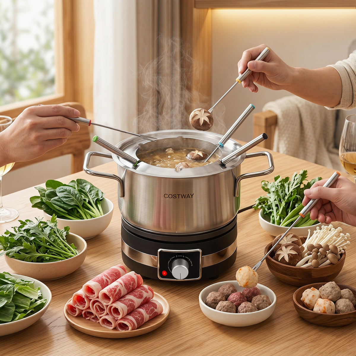 Electric fondue pot set by Wilsons Home Store with 1200W power, removable stainless steel pot, and six forks for dipping.