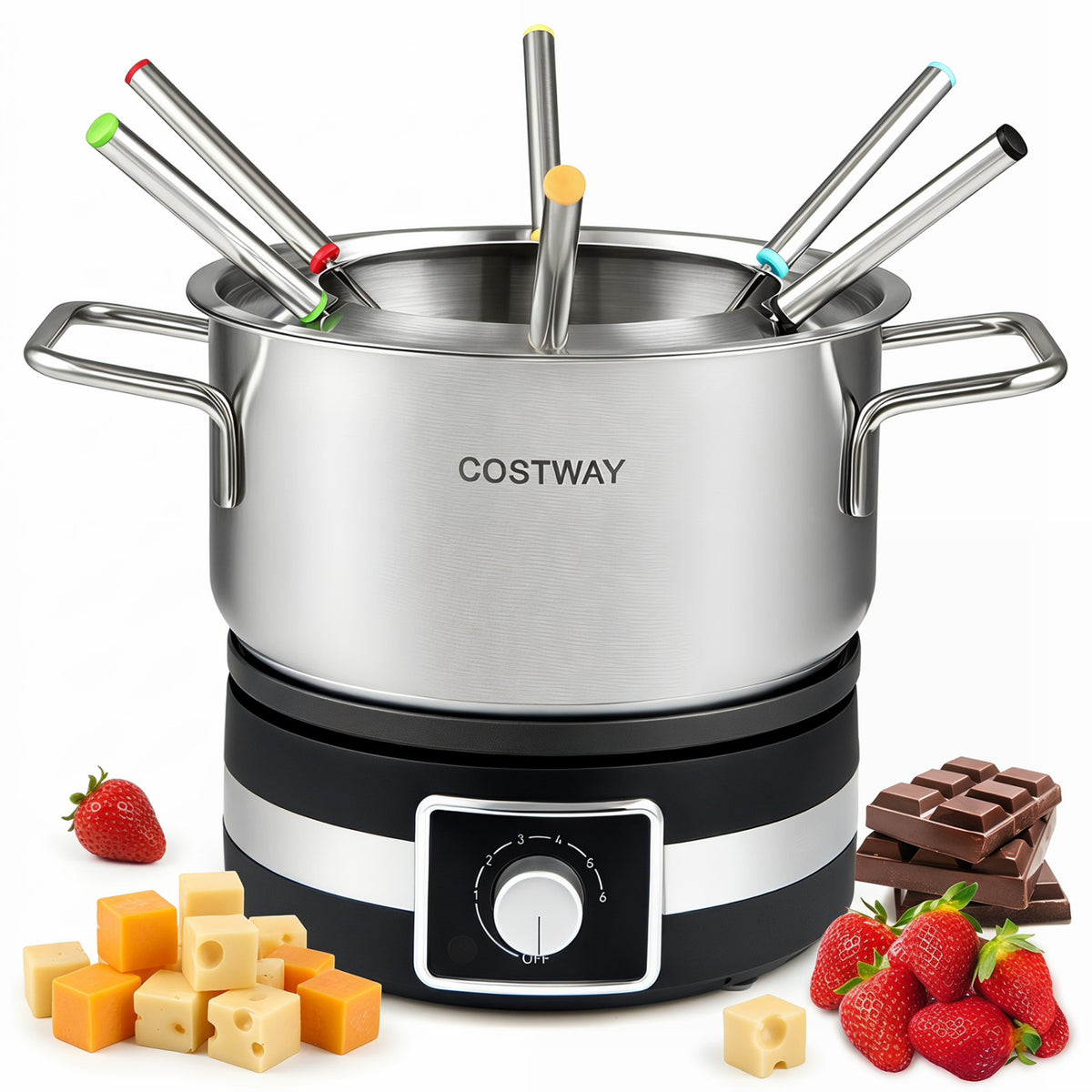 Electric fondue pot set by Wilsons Home Store with 1200W power, stainless steel pot, and six dipping forks for delicious fondues.
