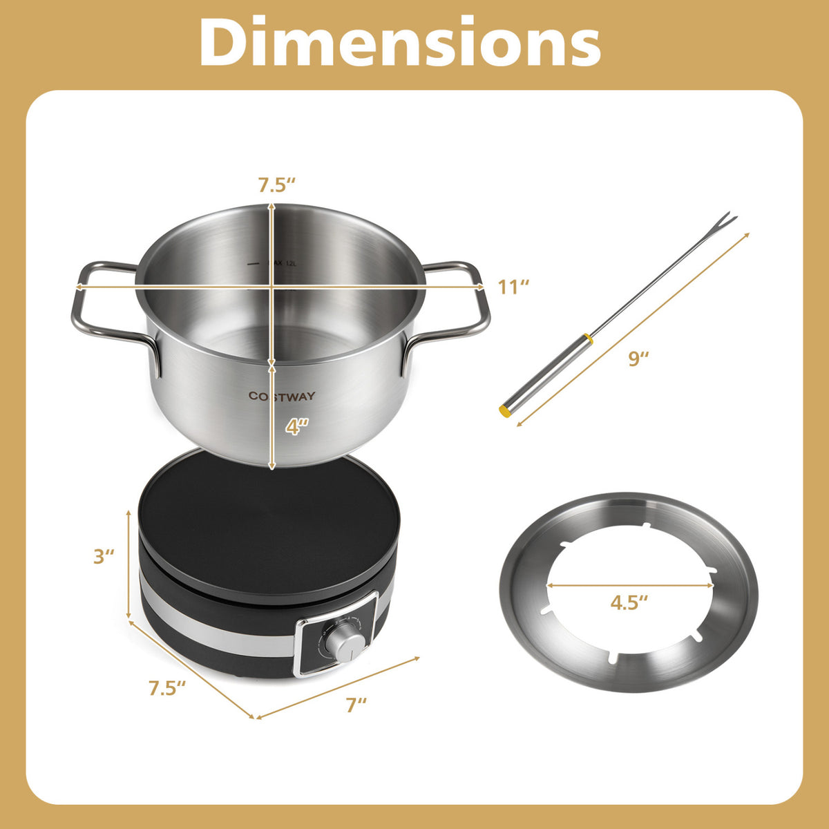 Electric fondue pot set by Wilsons Home Store featuring 1200W power, removable stainless steel pot, and six forks in a kitchen appliance.