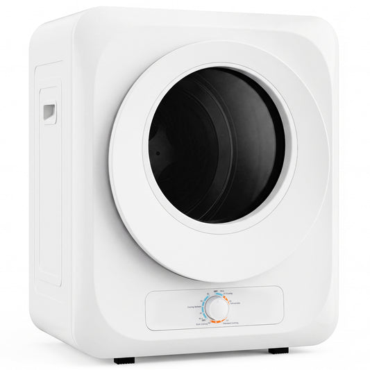 White 120V portable clothes dryer with 1.5 cu.ft capacity, 5 drying modes, front load, 850W, compact laundry appliance.