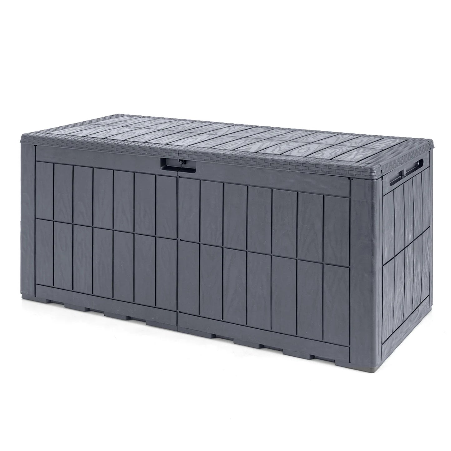 Black 120-gallon outdoor deck box with lid and handles for garden tools, providing durable outdoor storage.