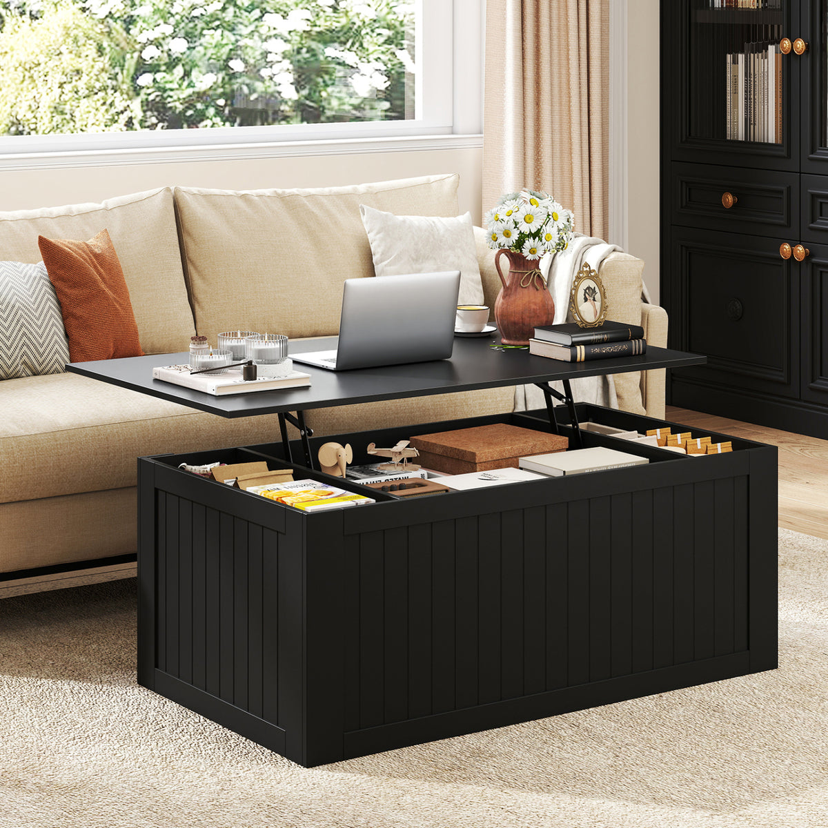 120 cm Lift Top Coffee Table with Barn Sliding Doors Cabinets Hidden and Open Compartments-Black