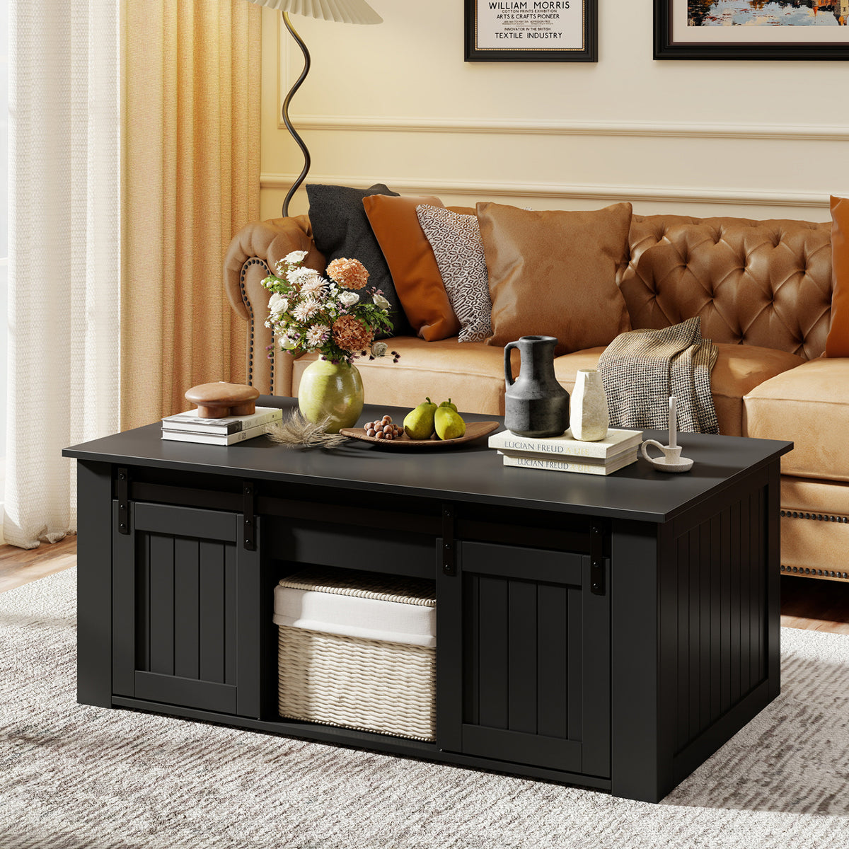 120 cm Lift Top Coffee Table with Barn Sliding Doors Cabinets Hidden and Open Compartments-Black