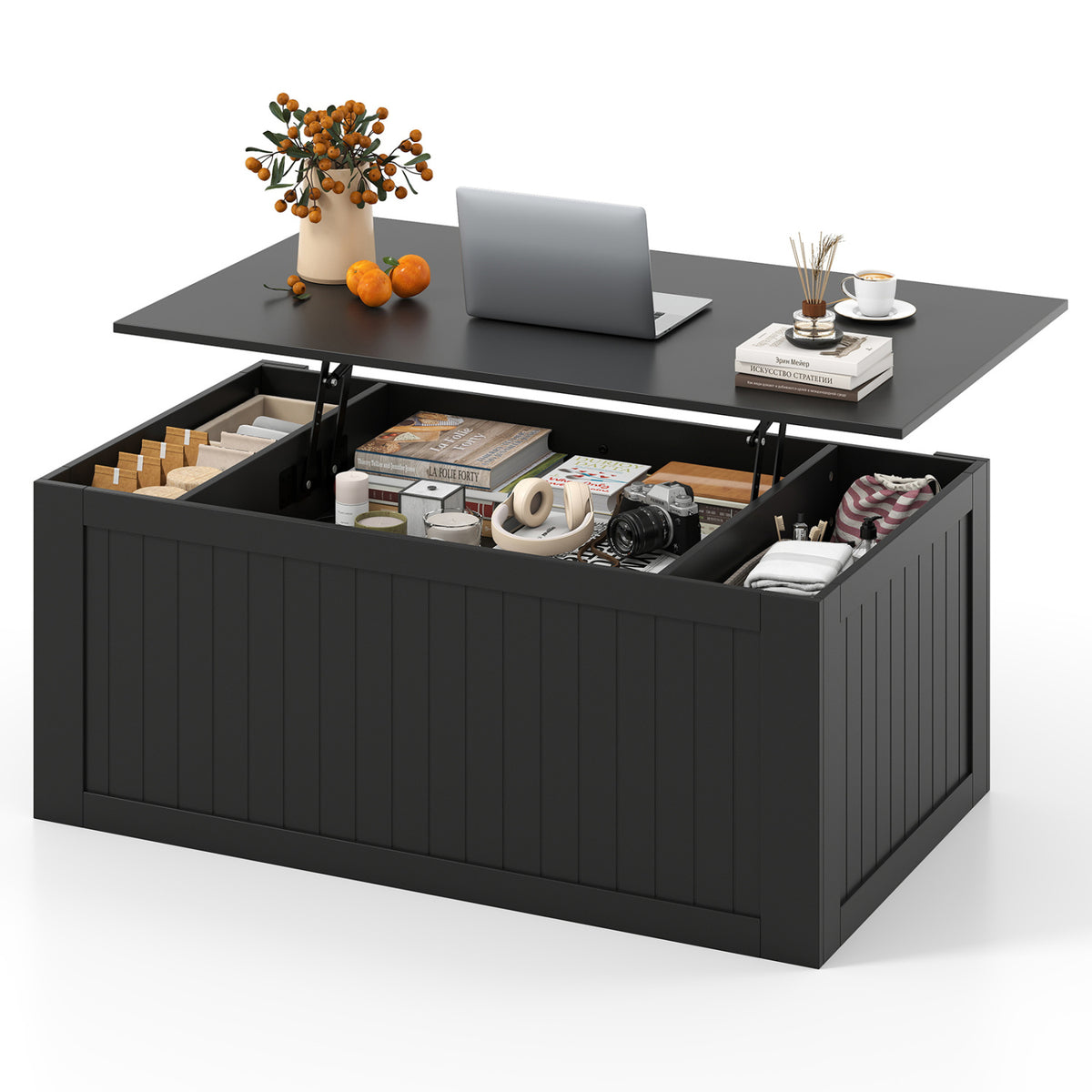 120 cm Lift Top Coffee Table with Barn Sliding Doors Cabinets Hidden and Open Compartments-Black