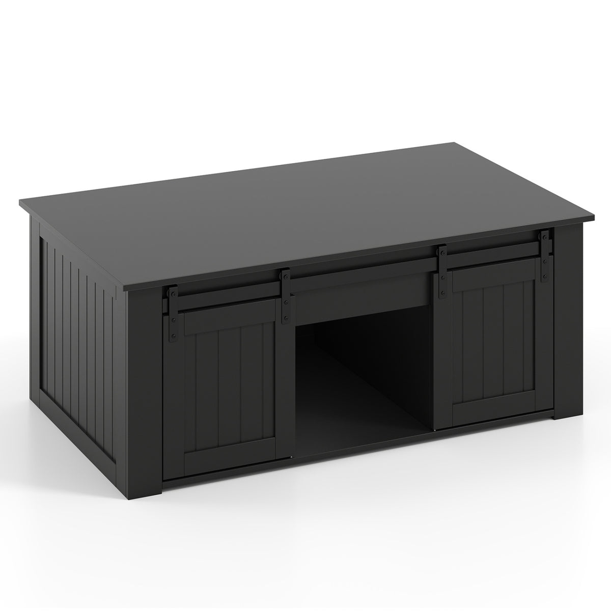 120 cm Lift Top Coffee Table with Barn Sliding Doors Cabinets Hidden and Open Compartments-Black