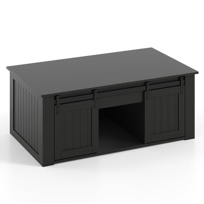 120 cm Lift Top Coffee Table with Barn Sliding Doors Cabinets Hidden and Open Compartments-Black