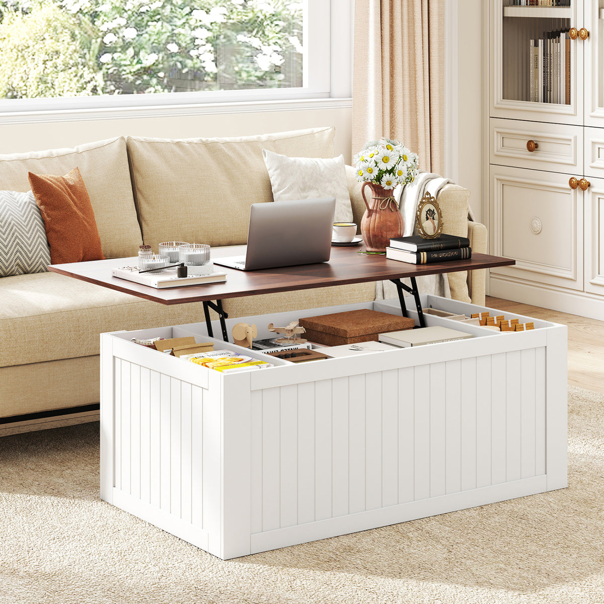 120 cm Lift Top Coffee Table with Barn Sliding Doors Cabinets Hidden and Open Compartments-Black