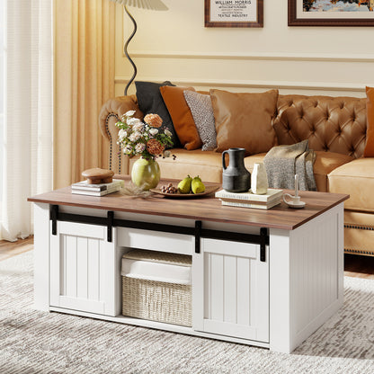 120 cm Lift Top Coffee Table with Barn Sliding Doors Cabinets Hidden and Open Compartments-Black