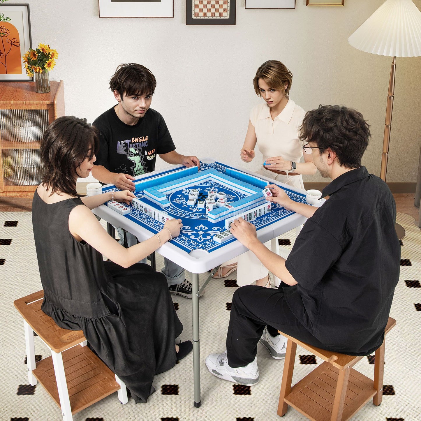 35 Inch 4 Player Game Card Folding Mahjong Table with Cup Holders-Blue