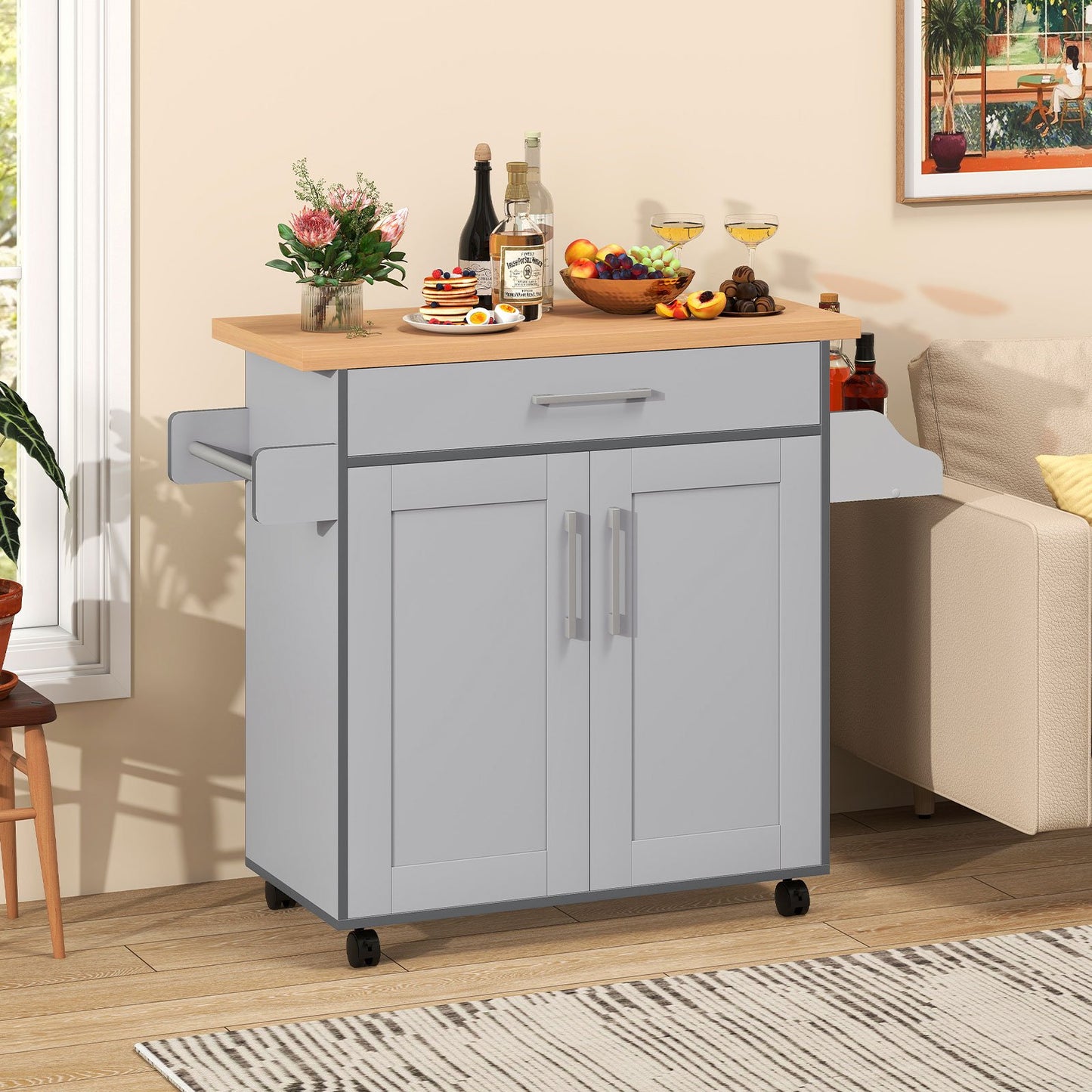 Rolling Kitchen Island Cart with Towel and Spice Rack-Black