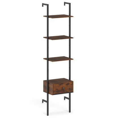 5-Tier Ladder Bookcase with Drawer and Metal Frame for Study Home Office-Rustic Brown