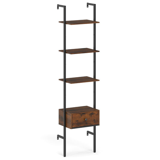 5-Tier Ladder Bookcase with Drawer and Metal Frame for Study Home Office-Rustic Brown