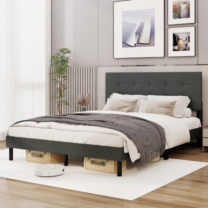Queen Size Upholstered Bed Frame Linen Platform Bed-Dark Gray