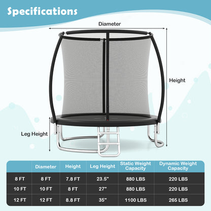 12FT Outdoor Trampoline Heavy-Duty Recreational Trampoline with Safety Enclosure Net-Black