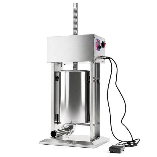 Silver 12L electric sausage stuffer with 4 tubes, foot pedal, and stepless speed control for kitchen sausage making.