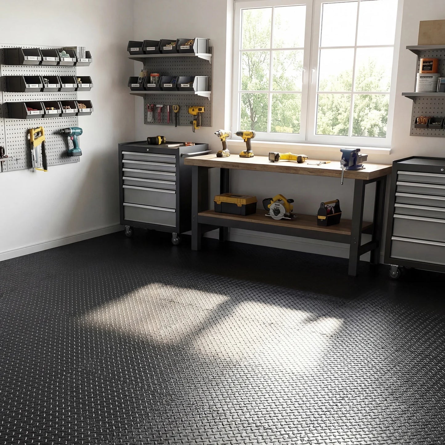 Black 12-tile 1/2-inch puzzle exercise floor mats for yoga and fitness, designed for durable, cushioned workout surface.