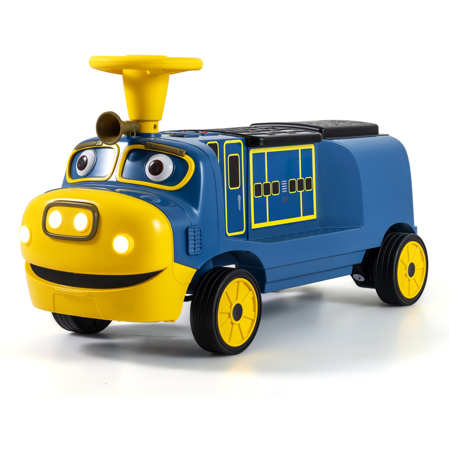 Blue 12V 2-seater kids ride-on train with adjustable seat and music, inspired by Chuggington, for children’s outdoor play.