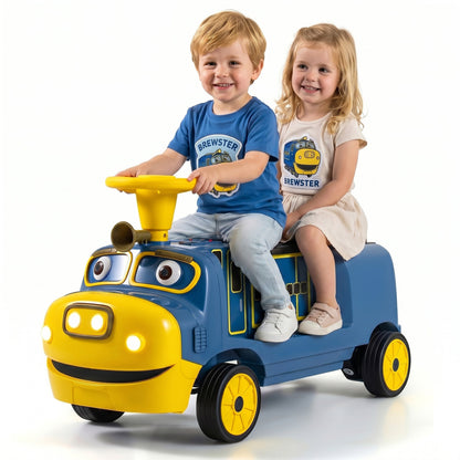 Blue 12V 2-seater kids ride-on train with adjustable seat and music, inspired by Chuggington, suitable for young children.
