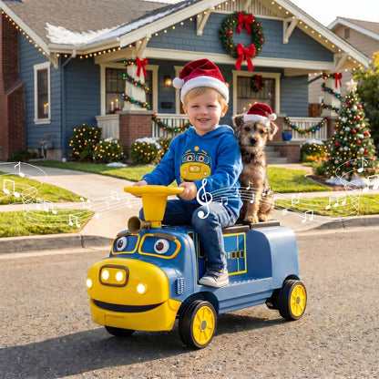 Blue 12V 2-seater kids ride-on train with adjustable seat and music, inspired by Chuggington, for children’s outdoor play.