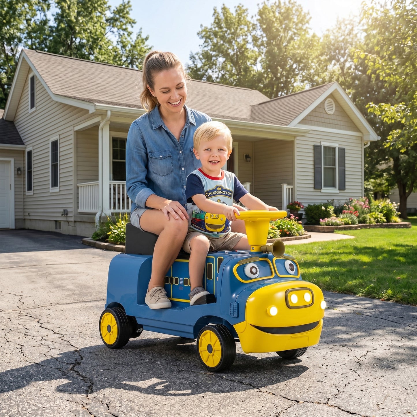 Blue 12V 2-seater kids ride-on train with adjustable seat and music, inspired by Chuggington, for indoor and outdoor fun.