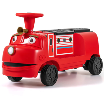 Blue 12V 2-seater kids ride-on train with adjustable seat and music, styled like a licensed Chuggington toy for children.
