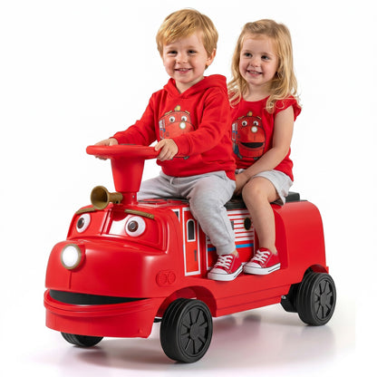 Blue 12V 2-seater kids ride-on train with adjustable seat and music, inspired by Chuggington, for children’s ride-on toy fun.