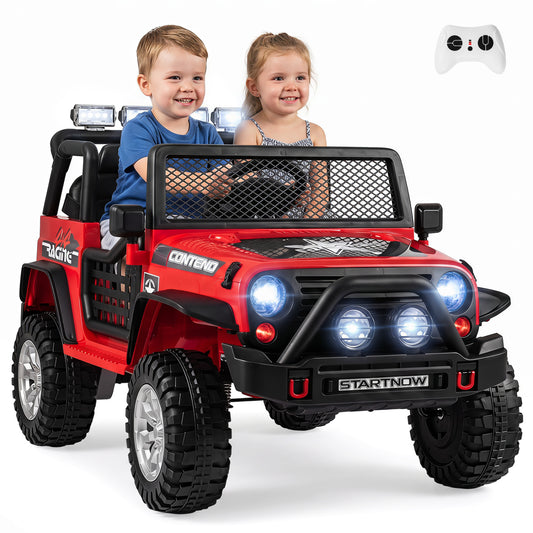 Red 12V electric 2-seater kids ride-on car with parent remote control, suitable for children’s toys and hobbies.