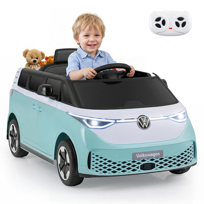 Blue 12V Kids Electric Car Bus with music and LED headlights, licensed Volkswagen ride-on toy for children.