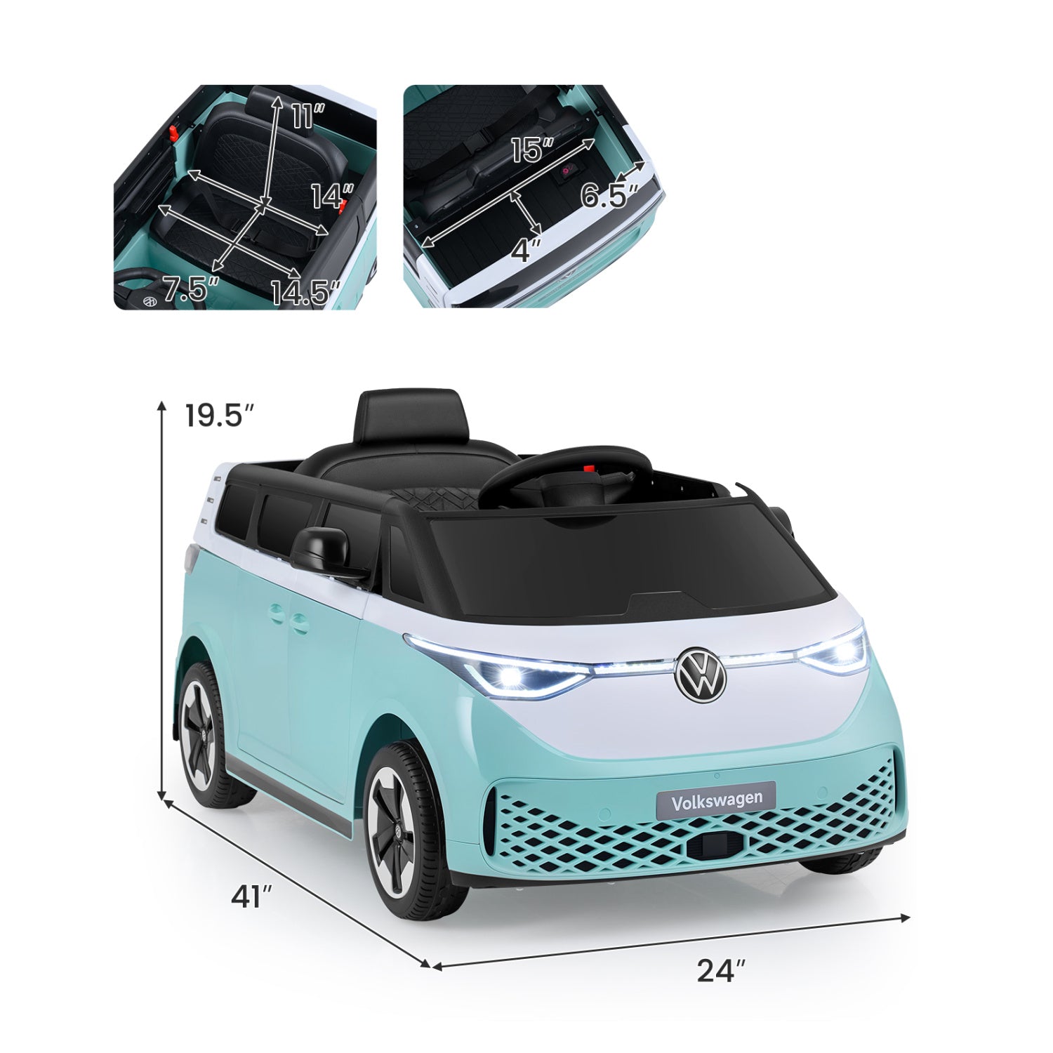 Blue 12V kids electric ride-on bus with LED headlights and music, licensed Volkswagen toy for children by Wilsons Home Store.