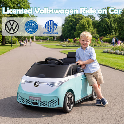 Blue 12V kids electric car bus with LED headlights and music, licensed Volkswagen ride-on toy for children.