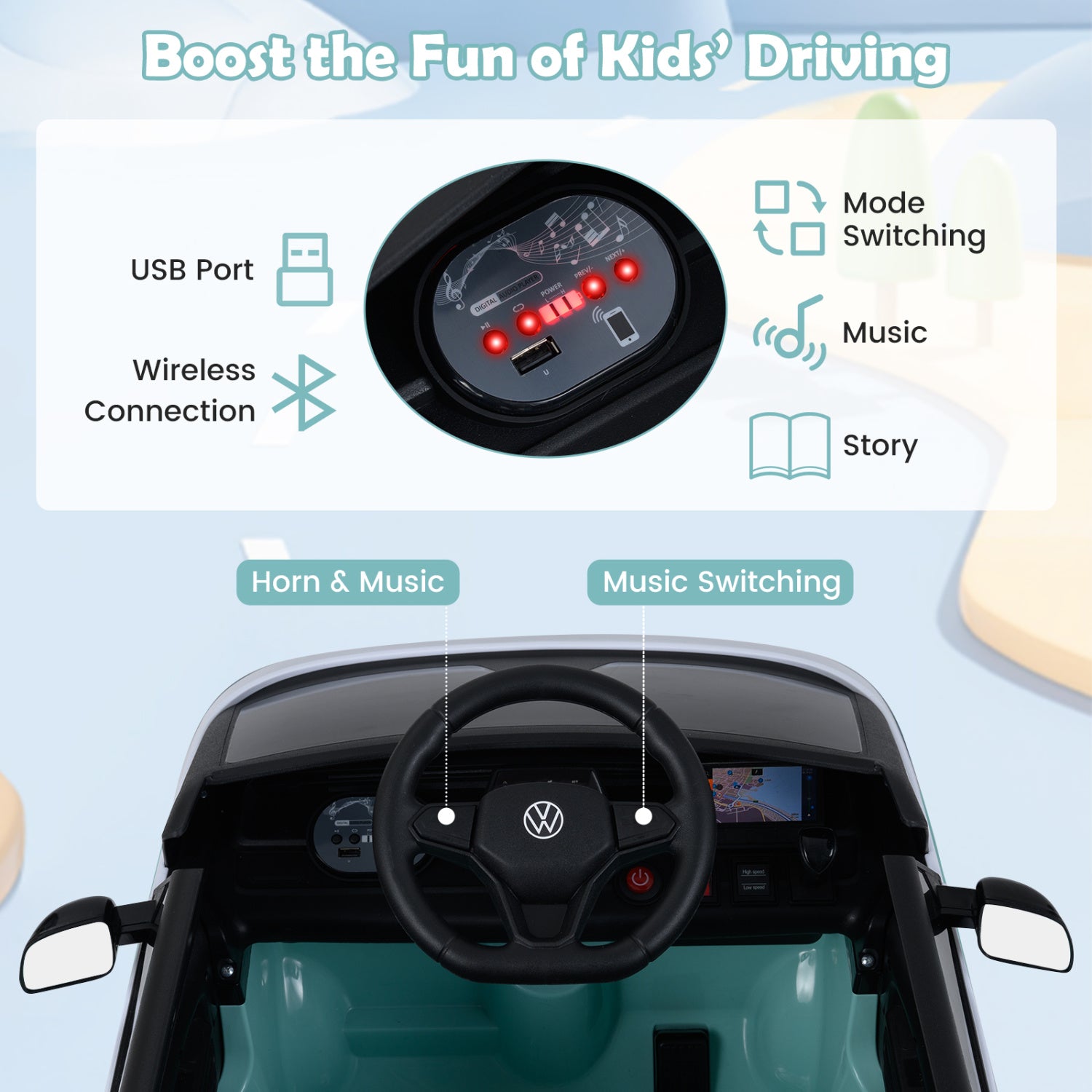 Blue licensed Volkswagen kids electric bus with 12V motor, LED headlights, music features, and realistic toy design.