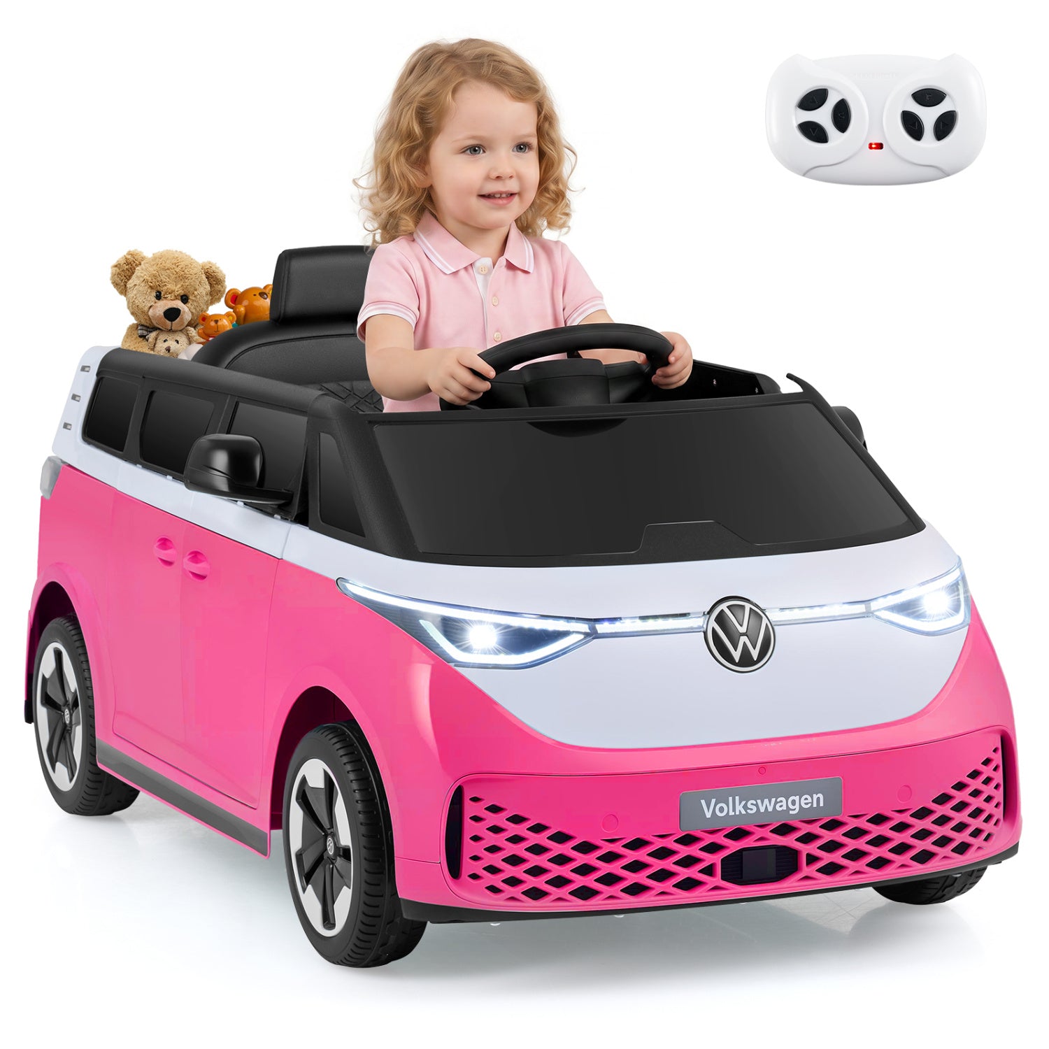Blue 12V kids' electric Volkswagen bus ride-on toy with LED headlights and music, designed for children’s outdoor play.