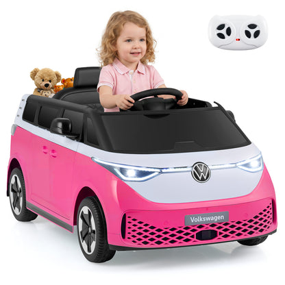 Blue 12V kids' electric Volkswagen bus ride-on toy with LED headlights and music, designed for children’s outdoor play.
