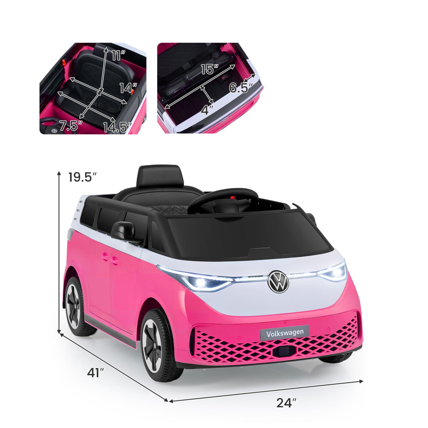 Blue 12V kids electric ride-on bus toy with music and LED headlights, licensed Volkswagen model for children.