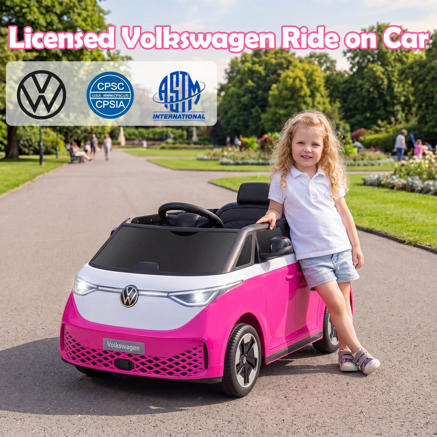 Blue 12V kids electric bus toy with LED headlights, music, and Volkswagen license, designed for children to ride and play.
