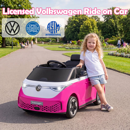 Blue 12V kids electric bus toy with LED headlights, music, and Volkswagen license, designed for children to ride and play.