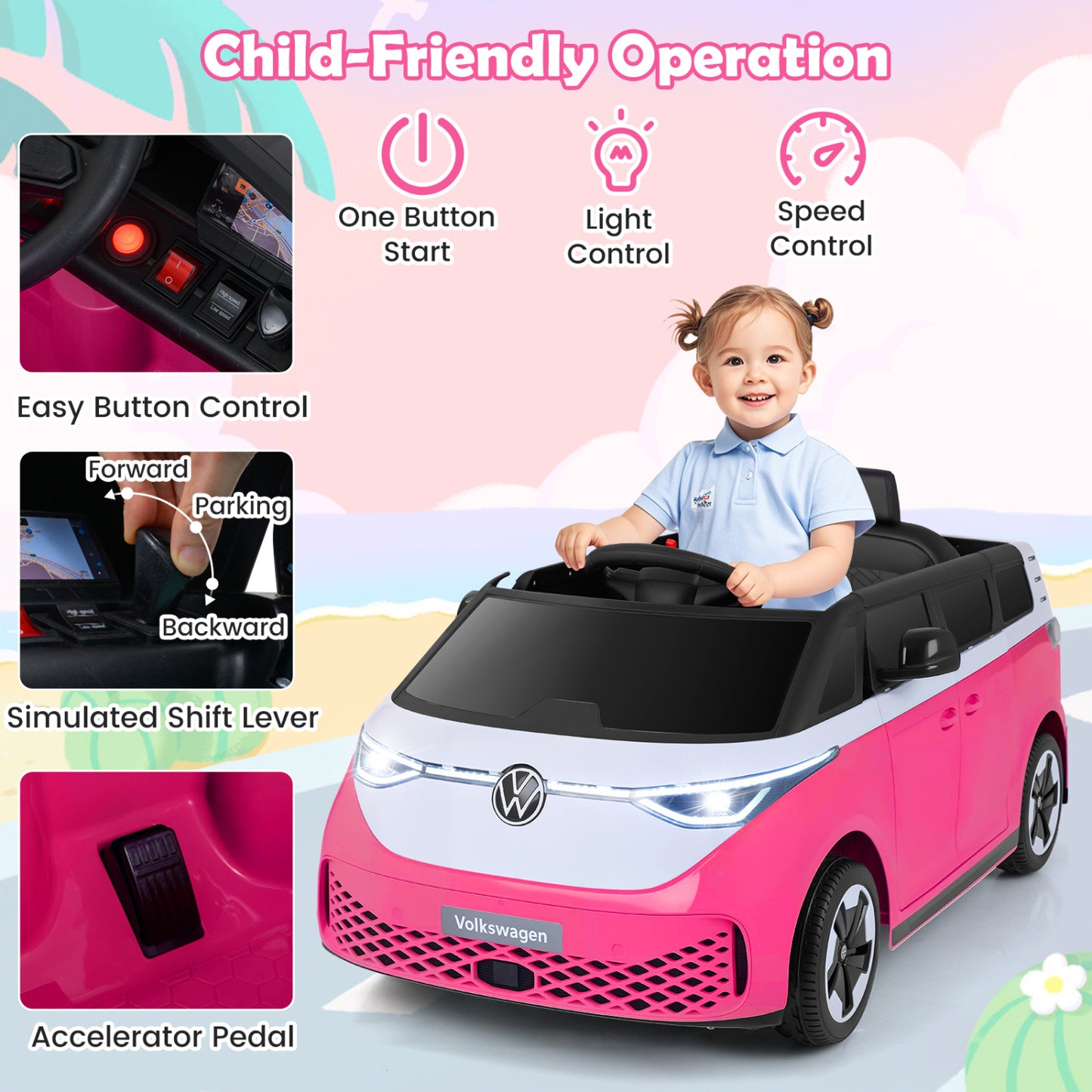 Blue 12V kids electric bus toy with LED headlights and music, licensed Volkswagen ride-on toy for children.