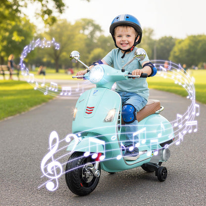 12V Kids Electric Motorcycle Licensed VESPA with Music and Training Wheels-Green