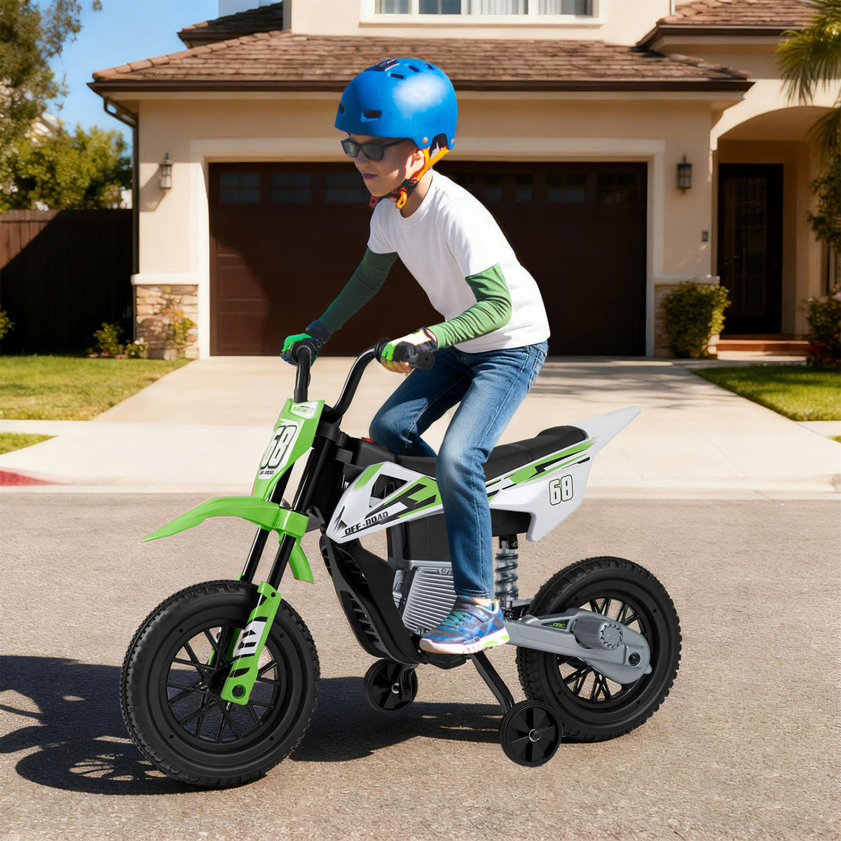 12V Kids Electric Motorcycle with Detachable Training Wheels and Music-Green