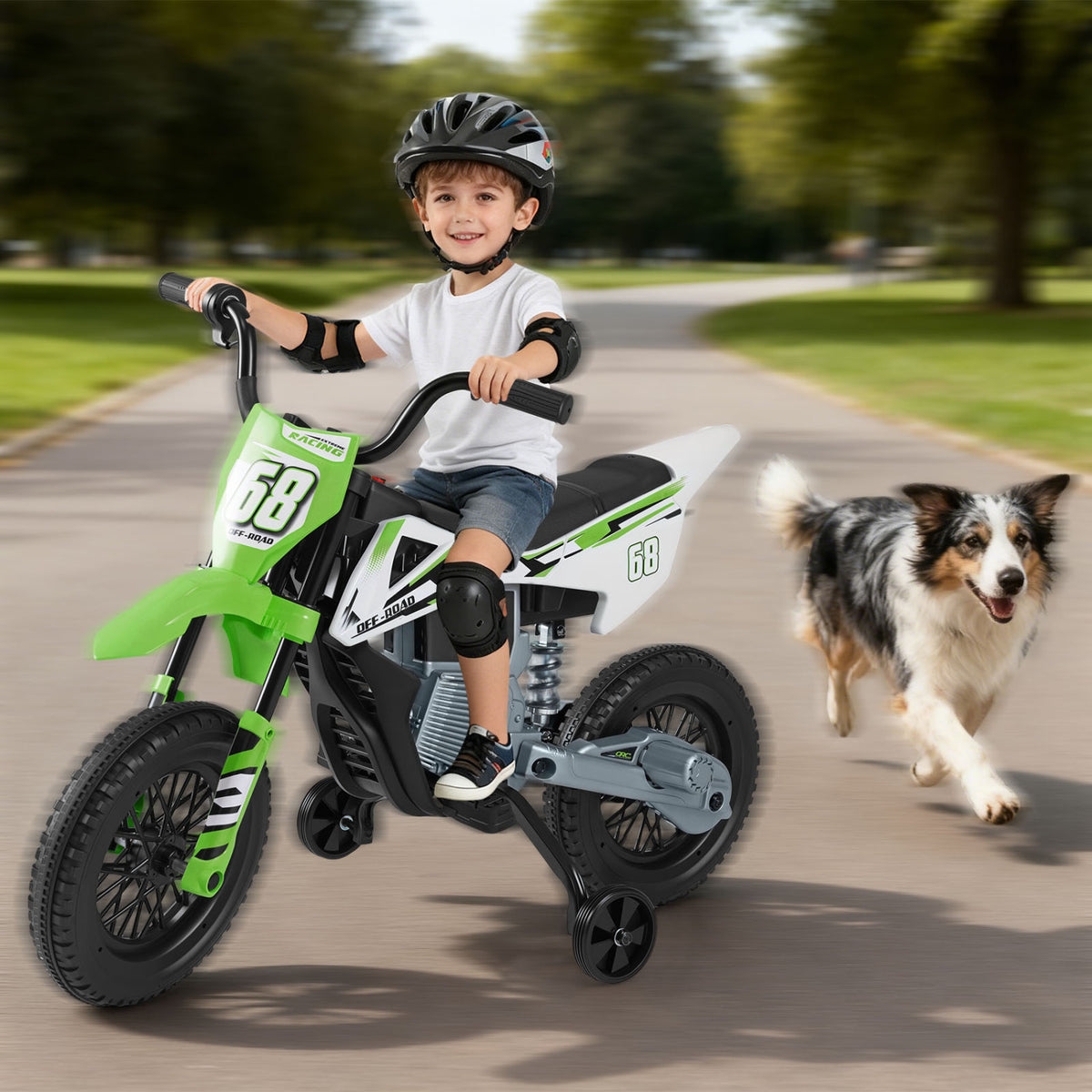 12V Kids Electric Motorcycle with Detachable Training Wheels and Music-Green