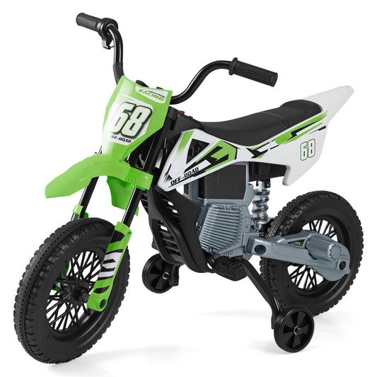 12V Kids Electric Motorcycle with Detachable Training Wheels and Music-Green
