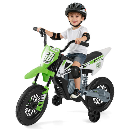 12V Kids Electric Motorcycle with Detachable Training Wheels and Music-Green